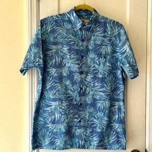 100% Cotton Men's Button Down Shirt Camp Small Blue Tropical Print Pocket Beach